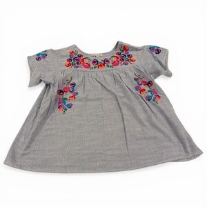 See And Be Seen Blouse Womens Large Blue White Stripe Floral Embroidered